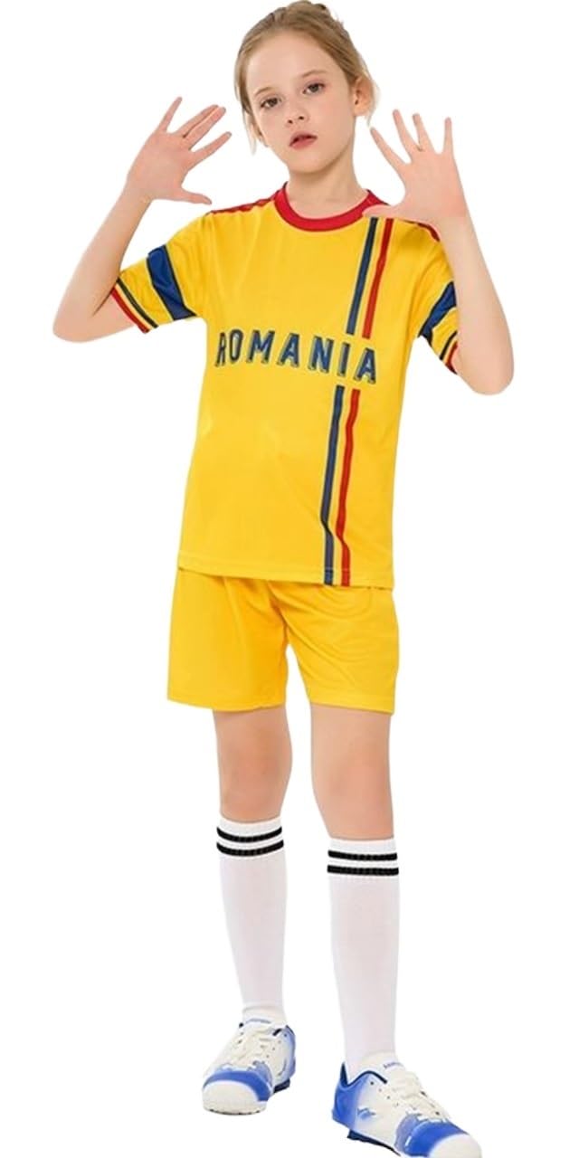 Bolognifi Kinder Fußballtrikot Europa-/Amerika-Cup T-Shirt Jungen Mädchen Sport Fußball Halbarm Shorts Set(Romania,8-9A)