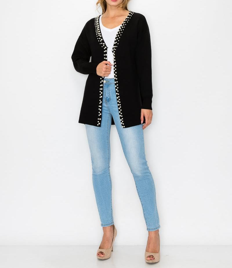 LifeShe Women's Pearls Cardigan Sweaters Long Sleeve V Neck Knit Sweater Loose Open Front Fall Winter Outwear Coats - Image 6