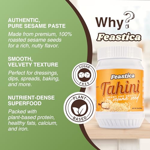 FEASTICA Natural Tahini, 100% Natural Sesame Paste, Gluten-Free, Non-GMO, Vegan, and Keto-Friendly (16 Ounce (Pack of 1))