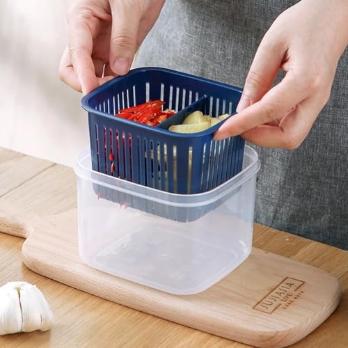 Berry Keeper - Recipiente hermético para alimentos con colador integrado, contenedor de almacenamiento de frutas, organizador de nevera y caja de ahorro de productos para verduras, bayas y (azul para