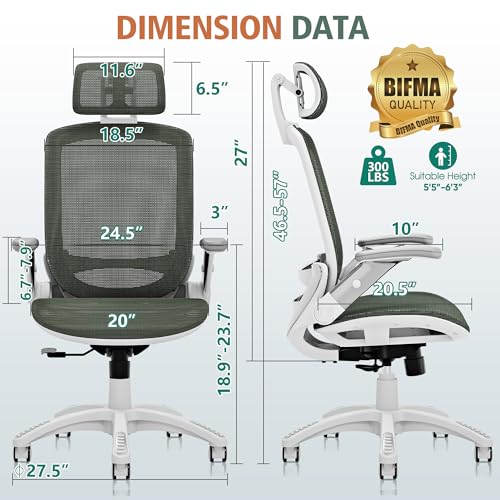 Image of GABRYLLY Ergonomic Office Chair, High Back Home Desk Chair with Headrest, Flip-Up Arms, 90-120 Tilt Lock and Wide Cushion, 300LBS Mesh Chairs for Man Woman, White Task Chair(Olive Green,GY01WOG)