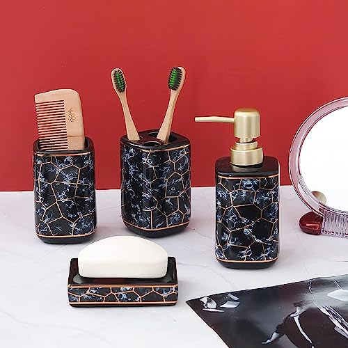 Image of E-EZRA Ceramic Bathroom Accessories Set of 4, Modern Ceramic Bath Set with Liquid Soap Dispenser and Toothbrush Holder, Bathroom Accessory Set (Black)