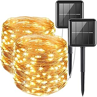 NEWUPZSI Solar Fairy Lights Outdoor,10M 100LED 8 Modes Copper Wire String Lights,Waterproof Wire Lighting for Indoor Outdoor Christmas Tree Halloween Home Garden Decoration(Warm White,2 Pack)