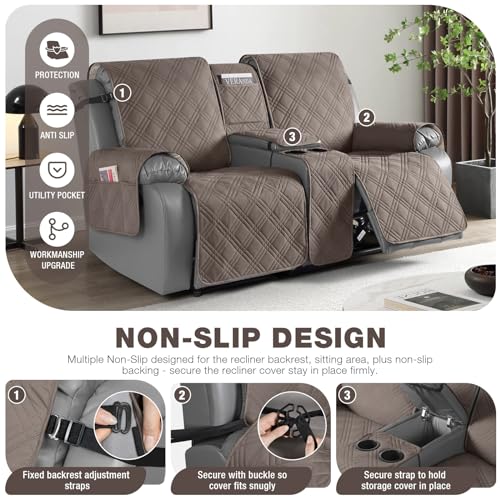 Image of TAOCOCO Polyester Loveseat Recliner Cover with Center Console, Waterproof Pet Protector for Dual Reclining Furniture, Split Design with Straps, 2 Seater, Taupe