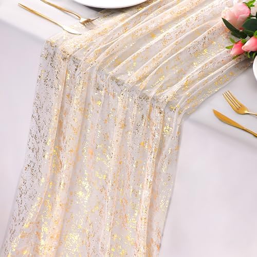 Snowkingdom 10 Ft Gold Table Runner, Sheer Gauze Chiffon Tulle Ch...