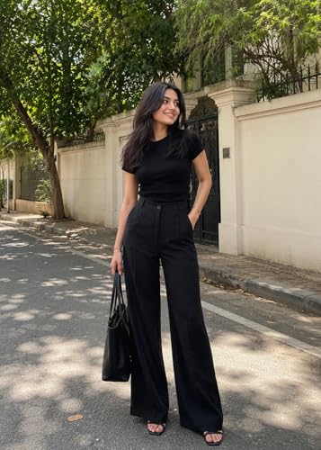 Image of Korean Pants for Woman | High Waist Wide Leg Trouser | Formal Office Casual Wear | Zero See-Through Semi-Stretchable Fabric