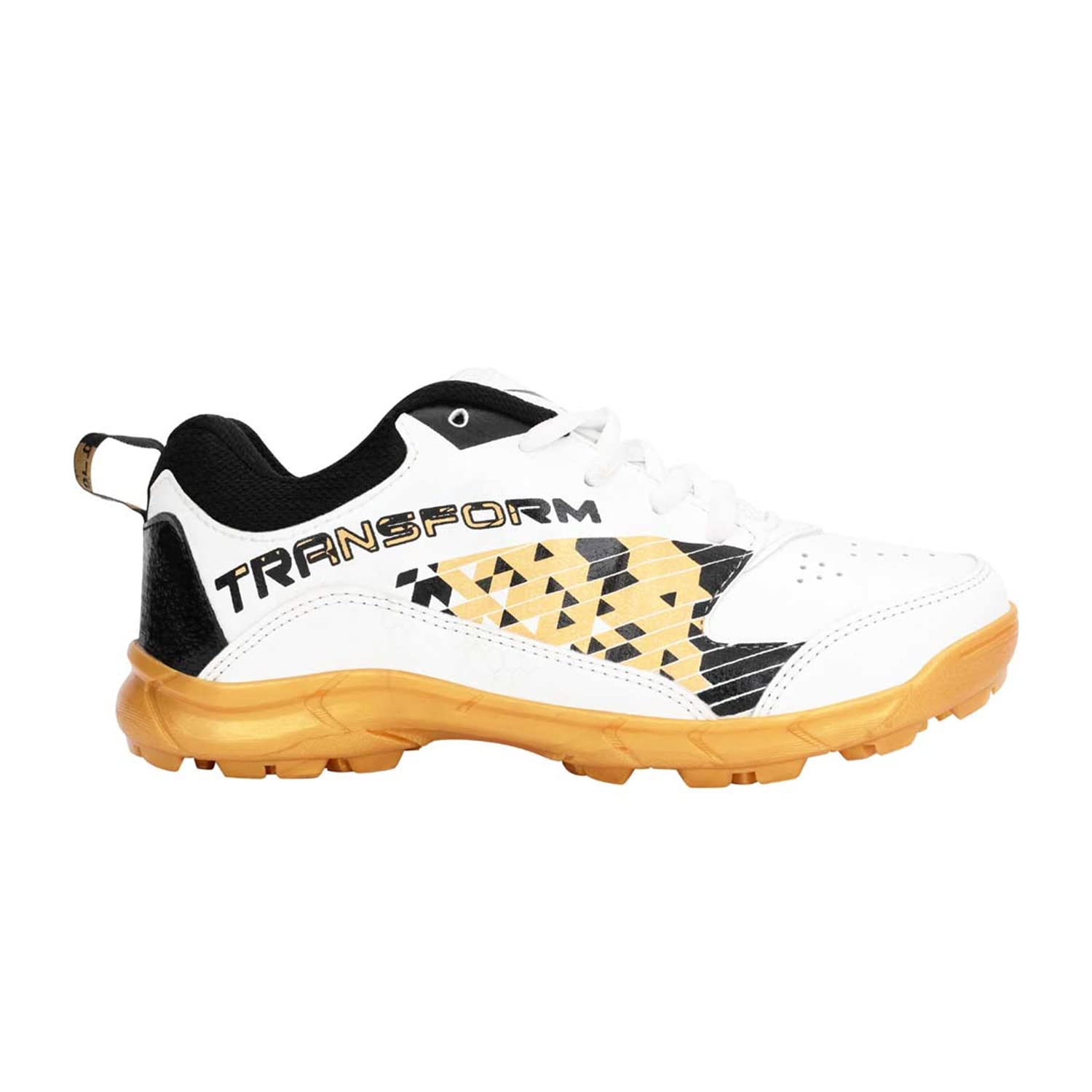 Vicky Transform Player Cricket Shoes Lightweight Sneakers with Anti Slip Sole Design Ideal for Running, Camping, Gyming (UK-8, Golden/White)