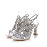 Unicrystal Women's Rhinestone Peacock Patterned Handmade Sandals with Chunky Heel Silver 10 M US