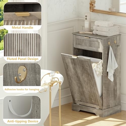 Image of Single 13 Gallon Tilt Out Trash Can Cabinet,Garbage Cabinet with Drawer | Hidden Garbage Storage with Fluted Design, Drawer & Hooks for Kitchen, Dining Room and Small Space Organization,Wood Grey