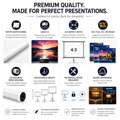 Image of TONZO 120 Inch Tripod Projector Screen with Stand 6ft(H)*8ft(W), 4:3 Ratio Projection Screen with Adjustable Stand, Indoor & Outdoor Wrinkle Free White Matte Fabric Projection Screen for Home & Office