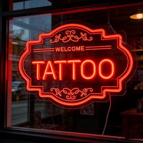 Image of Tattoo LED Neon Sign, 14 x 11 In Dimmable Light Up Wall Decor | USB Powered Light up Signs Decor for Bussiness Shop Studio & Salon, Gift for Artists