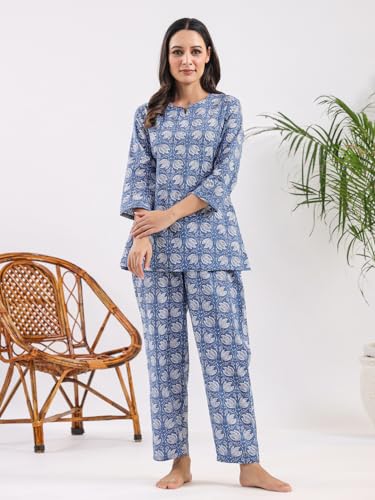 Image of SANSKRUTIHOMES Women's Premium 100% Cotton Printed Co-Ord Set | Short Sleeve Shirt & Pant Set | Pink Checkered Sun & Palm Tree Print | Casual Summer Resortwear, Vacation Wear & Comfortable Loungewear