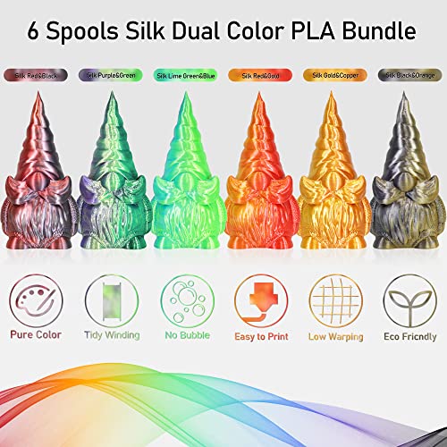 Image of MIKA3D 6 Spools Bicolor Dual Color 1.75mm 3D Printer Filament Bundle, 3D Printing Silk PLA, Silk Red-Gold /Red-Black /Black-Orange /Gold-Copper /Lime Green-Blue /Green-Purple, 3D Silk PLA 250g X 6 Spools