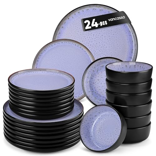 vancasso Plates and Bowls Sets 24 Pieces Stoneware Dinnerware Sets for 8 Kitchen Dish Set Mircowave and Dishwasher Safe Ceramic Dishware Purple Series AMBER