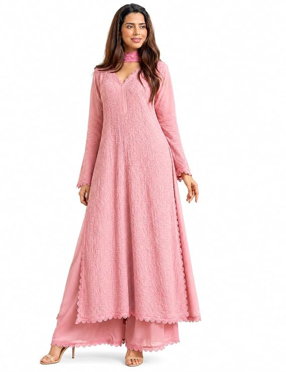 Women’s Embroidered Kurti Palazzo Dupatta Set | V-Neck Straight Long Kurti with Matching Palazzo | Elegant Ethnic Wear Outfit for Festive, Casual-image-37