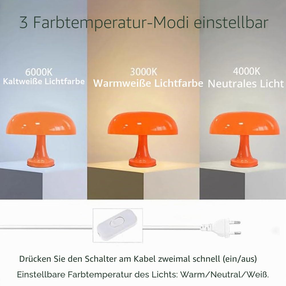 AoLa Pilz Tischlampe Orange LED Mushroom Lampe mit Kabel 3000K/4000K/6000K Tischleuchte Nachttischlampe Moderne Deko Pilz Lampe Schlafzimmer Nachtlicht