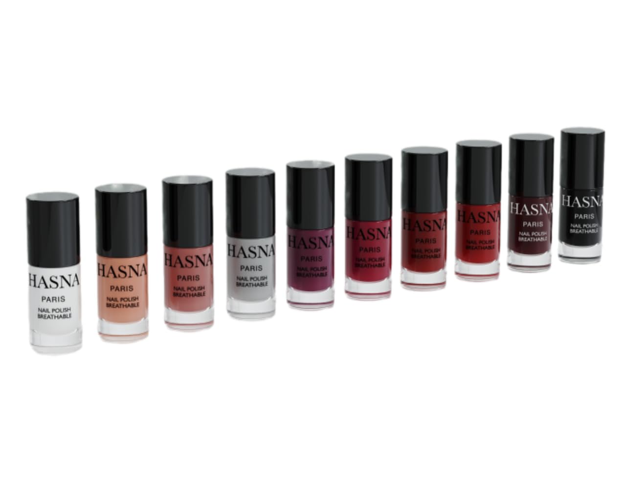 HASNA PARIS - Esmalte de uñas Halal - COLECCIÓN LUXE - Amigable con el medio ambiente - Brillo y permeable - Fácil de aplicar -10x 6ml (PARIS)