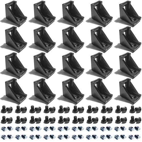QIJINTRID 20 Sets Black 20S T Slot Aluminum Extrusion Profile Connector Set,20 pcs Corner Brackets,with 40 pcs T-Nuts and Hex Screw Bolt for 2020 Aluminum Extrusion Profile Accessories
