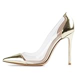 Eldof Womens High Heel Clear Pumps | 10cm Pointed Cap Toe Transparent PVC Stilettos | Wedding Dress Event Pumps Shoes Glod US5.5