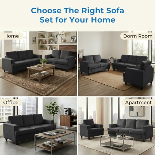 Image of Mjkone 3 Piece Living Room Furniture Sets, 82 inch Width 3 Seater Sofa Couch and Loveseat and Chair Set, Modular Sectional Sofa Couch Sets, Sofas Couches Set for Living Room Bedroom Home Office, Dark Grey