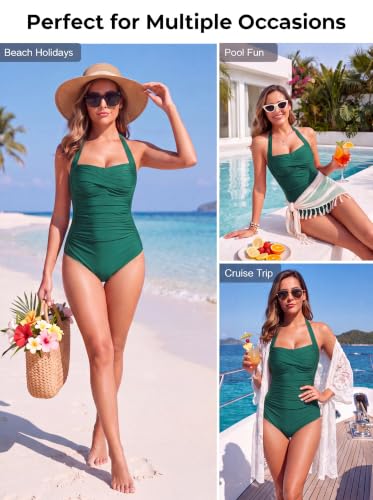 Image of Smismivo Tummy Control Swimwear Halter One Piece Slimming Vintage Retro Swimsuit Womens Ruched Push Up Bathing Suit