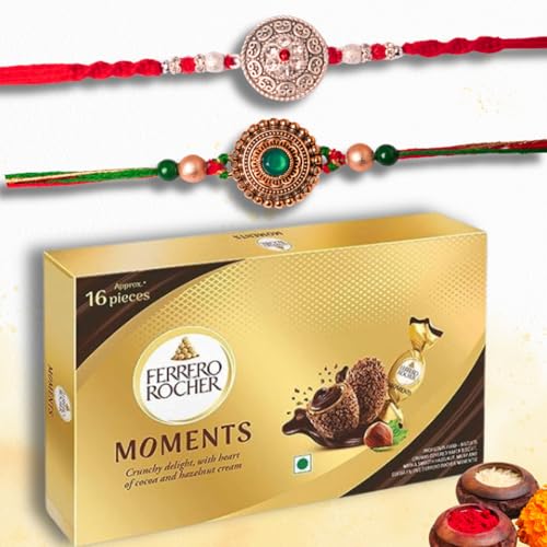 Image of Gifticon Rakhi for Brother with Chocolate Combo Gift Set - Designer Rakshabandhan set for Brother Bhaiya with Ferrero Moments Chocolates Pack - Rakhi Set of 2 | IB-2R-Mom-GreenPendalSilverPendal