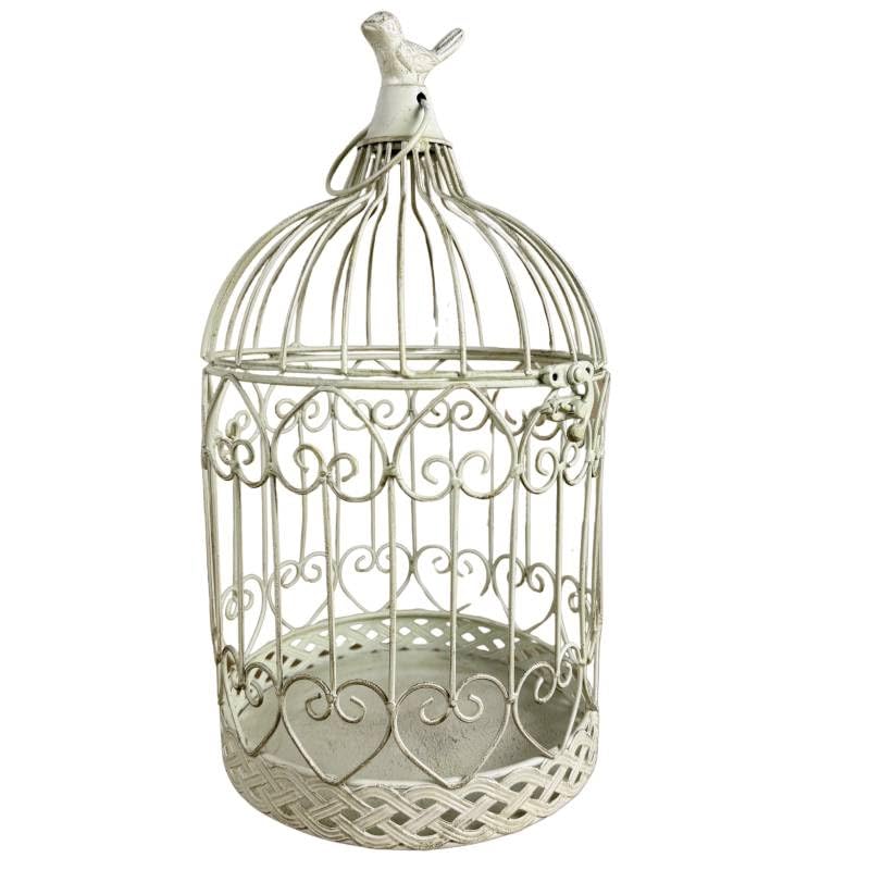 L'Héritier Du Temps Grande Cage à Oiseaux Volière Ronde en Acier Patiné Blanc Abri Décoratif à Suspendre 19,5x19,5x36cm