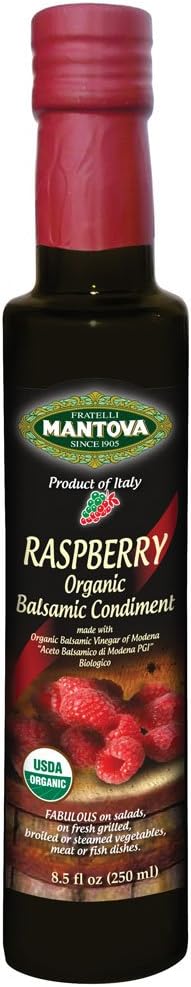 Mantova Organic Raspberry Balsamic Vinegar of Modena - Premium, Sweet, and Tangy Flavor for Elevating Salad Dressings, Pasta Salads, Desserts Like Ice Cream, and Craft Cocktails - Authentic Italian Quality, 8.5 oz (Pack of 1)