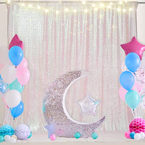 Image of PartyDelight Iridescent White Sequin Backdrop 7x7ft 4 Inch Rod Pocket | Iridescent white 3mm sequins show pink and purple tones under light on mesh backing for photos arches stages and party walls