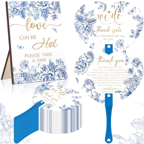 Roowest Wedding Favors for Guests Bulk 100 Pcs Chinoiserie Japanese Wedding Hand Fans and 1 Table Sign Blue and White Portable Plastic Fan with Wooden Handle for Bridal Shower Party Favor Gift