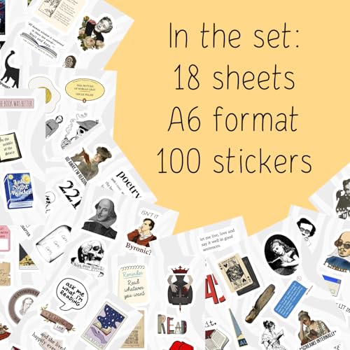 Image of 100Pcs Literature Stickers for Water Bottle and Laptop - Literary Party Favors & Decorations, Books Bookish Writing Poetry Reading Stickers, Book Lovers Gifts, Gifts for Women & Men