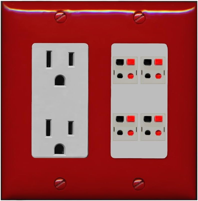 RiteAV 4 Port Speaker Wire Plug Jack Wall Plate - Outlet [Red/Gray]