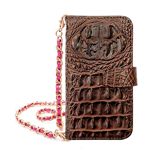 sslink iPhone17 Pro Max アイフォン17プロマックス 対応 手帳型 ケース クロコ柄 (ブラウン) 型押し PUレザー 合皮 クロコダイル ワニ革調 ロング チェーン ストラップ 付き (チェーン/ローズ) ダイアリータイプ 横開き