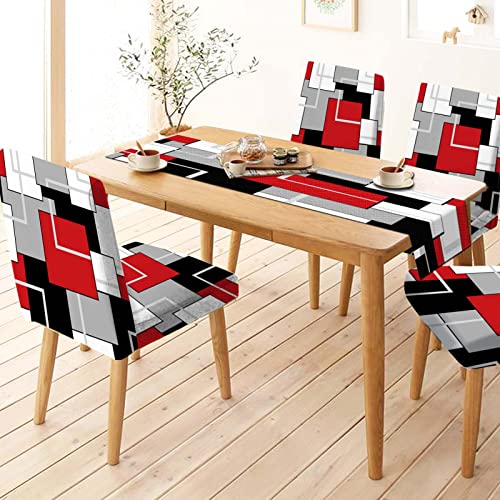 Mcalk Geometric Red Chair Covers Set Of 4 And Table Runner,Stretch Red Chair Slipcovers For Kitchen,Washable Removable Chair Protector Modern Chair Covers For Dining Room #TOP1