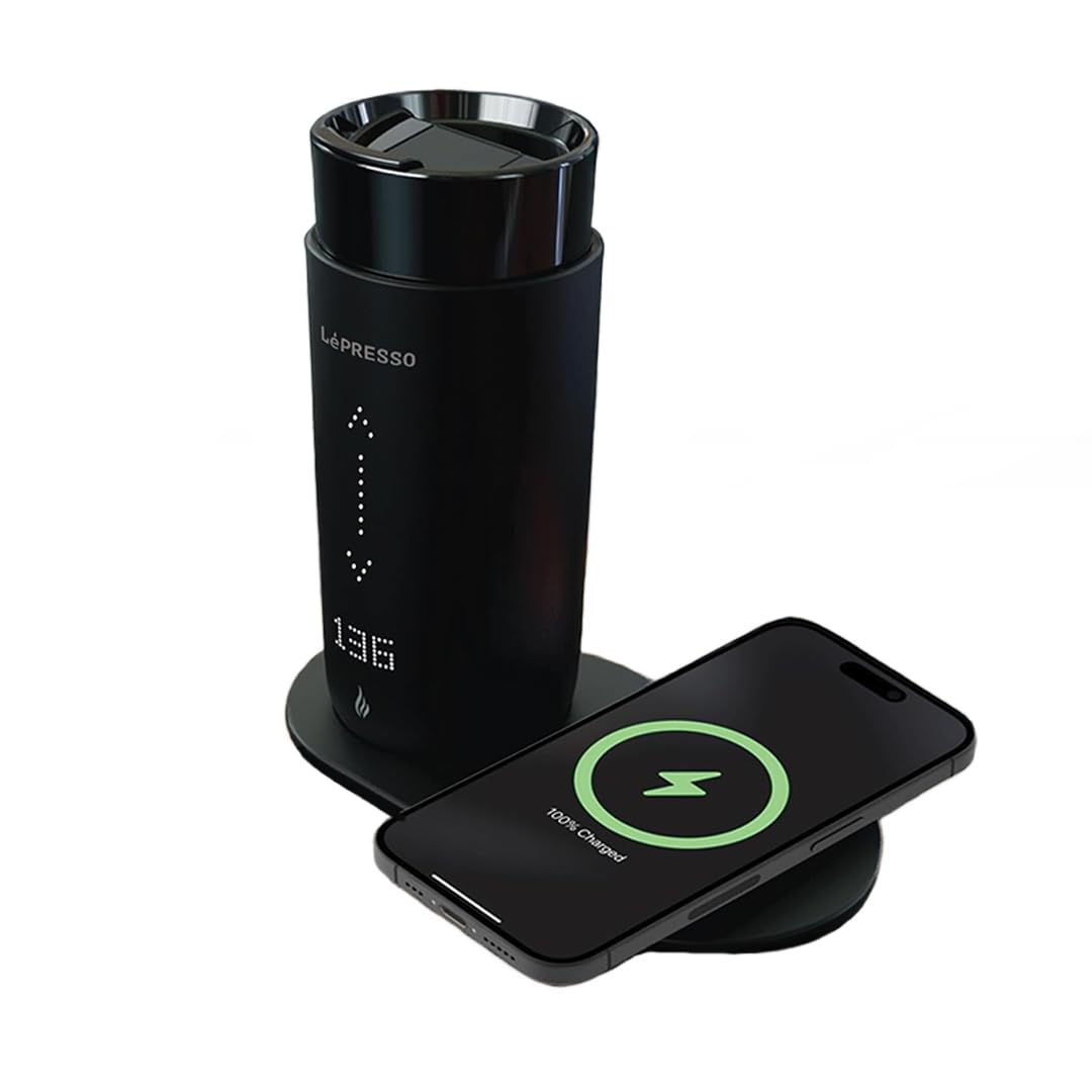 LePresso Smart Travel Mug with Temperature Control & Setting App, Heating Mug with Fast Magnetic Wireless Charging Base, 355mL Coffee Mug, Touch Digital Display, Leak Proof & Over-Heat Protection Smart Travel Heating Mug