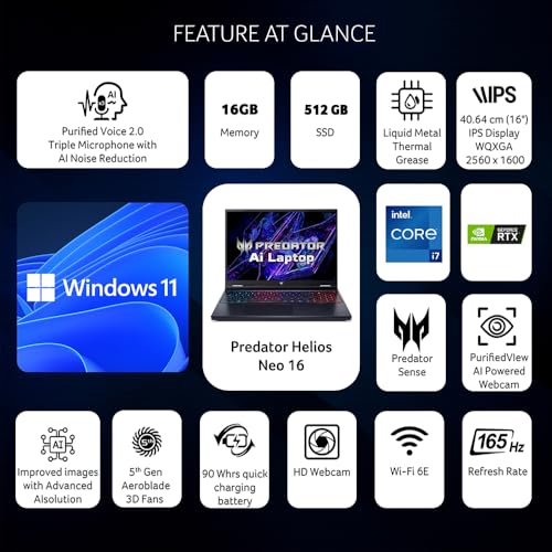 Image of acer Predator Helios Neo 16, 14th Gen Intel Core i7-14700HX Processor, Office 2024 + M365 Basic, 16 GB /512 GB SSD /NVIDIA GeForce RTX 4050,40.64 cm (16 inch) WUXGA 165 Hz, Win11 Home, 2.8 Kg, PHN16-72