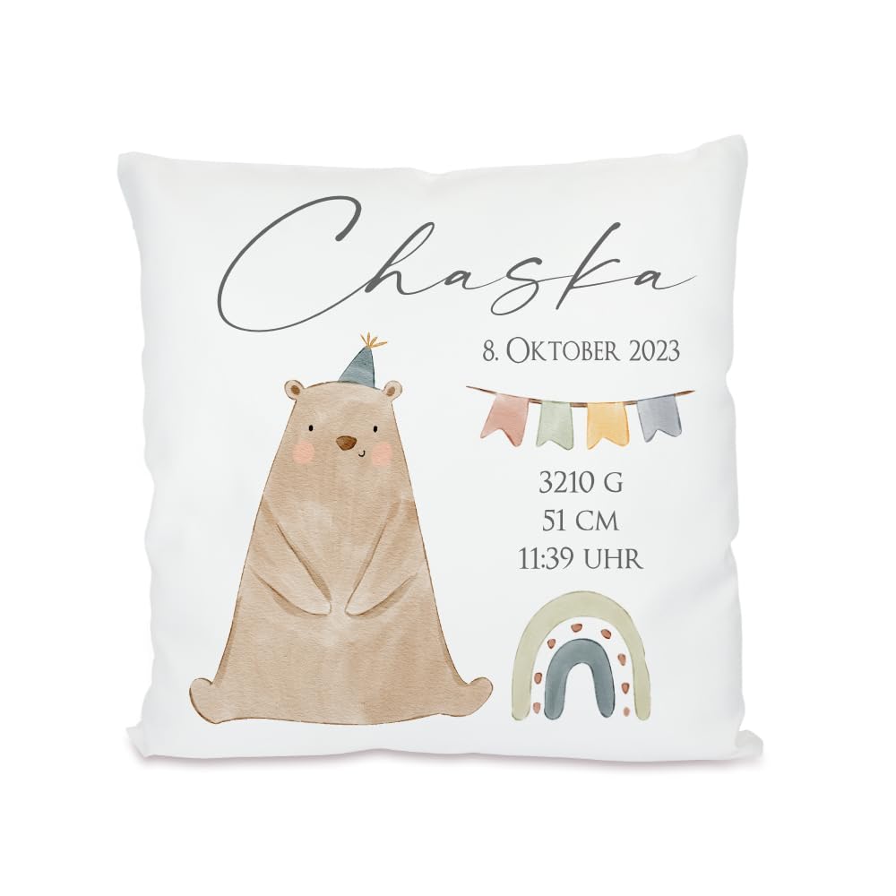 Manufaktur Liebevoll Kissen Babygeschenk zur Geburt Taufgeschenk Namen Mädchen Jungen Geburtskissen Baby personalisiertes Geschenk zur Geburt Taufe (Motiv Bär)