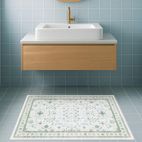 Image of Washable Boho Bathroom Rug 2x3 - Small Throw Area Rugs for Powder Room, Laundry, Kitchen, Blue and Green Oushak Modern Eclectic Geometric Floral Pastel Decor, Low Pile Non-Slip Stain Resistant