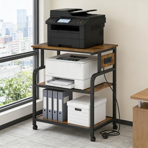 Large Printer Stand with Charging Station & Storage Shelf, 56×38×65cm Adjustable Heights Rolling Cart with Lockable Wheels for 3D Printer/Fax/Heat Press/Laser, Walnut