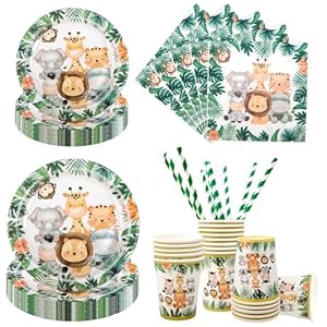 Aitsite Juego de 100 platos de papel reutilizables para fiestas de animales del bosque, para 20 invitados, vajilla de papel reutilizable con platos de papel, vasos, servilletas