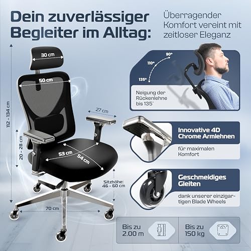 CLOUVOU CleverSeat Bürostuhl Ergonomisch Homeoffice | Schreibtischstuhl 150kg Ergonomic Office...