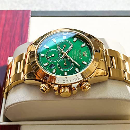 Image of OLEVS Men's Gold Watch Popular, Automatic Winding, Gold Strap, Water Resistant to 3 ATM, Luminous, Calendar, Date, Skeleton, gold-green, Bracelet Type