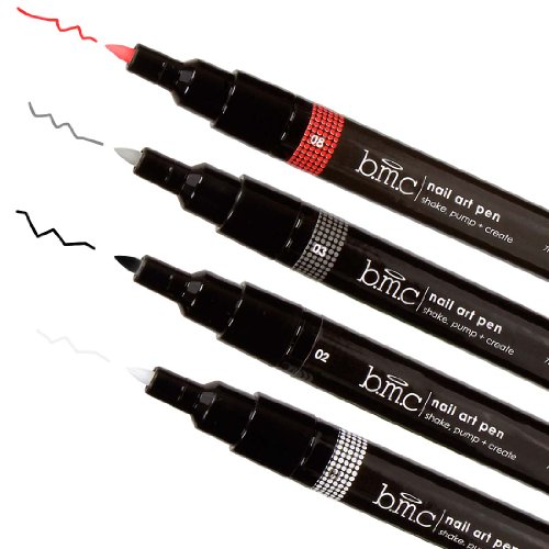 BMC Shake Pump + Create 4pc Water Base DIY Nail Art Polish Decorating Pens, Colors: WHITE,BLACK,SILVER,RED