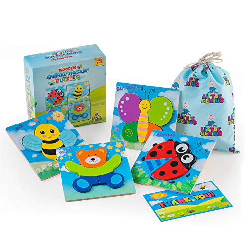 LITTLE GENIUS Wooden Animal Jigsaw Toddler Puzzles, Learning Toys for 1 2 3