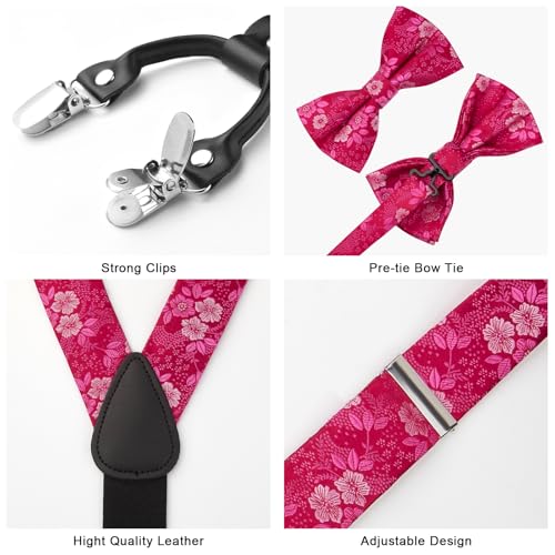 Image of HISDERN Suspenders for Men Paisley Floral Bow tie Suspender Pocket Square Sets Adjustable Y Shape 6 Clips Wedding Braces