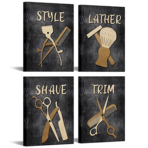 Biuteawal Arte de pared vintage con temática de barbería, pintura de moda, estilo de afeitado, impresión en lienzo, elegante decoración de pared para hombre, 4 paneles, juego de obras de arte vintage,