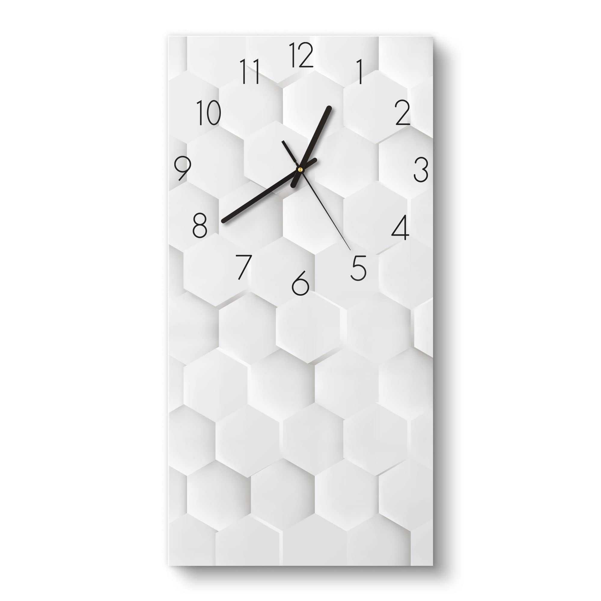DEQORI Szklany zegar | poziomy 30 x 60 cm | motyw białych plastra miodu 3D | duży zegar XXL ze szkła | cichy zegar ścienny do salonu i kuchni | nowoczesny zegar przyciągający wzrok na ścianę