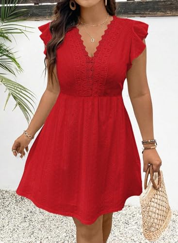 Image of Eytino Plus Size Dresses for Women Summer Ruffle Cap Sleeve Lace V Neck Embroidery Eyelet A Line Dress(1X-5X)