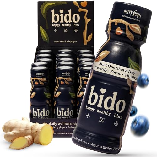 Bido | Men’s Herbal Wellness Drink | Adaptogen & Botanical Blend with Ashwagandha KSM-66, Maca, Ginseng & More | Energy & Vitality Support | Berry Ginger, 15- Pack (2.5 fl oz Each)