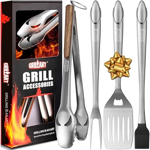 GRILLART BBQ Tools Grill Tools Set -18Inch Grilling Tools BBQ Set - Grill Accessories w/BBQ Tongs, Spatula, Fork, Brush- Stainless Grill Kit Grilling Set - Gift Ideas BBQ Accessories Gifts for Men Dad Cover